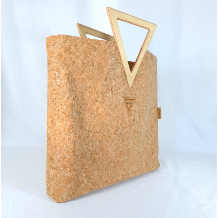 ΠΑΡΟΣ Χειροποίητη τσάντα χειρός από φελλό και ξύλινη λαβή Ανυφαντού Anifantou