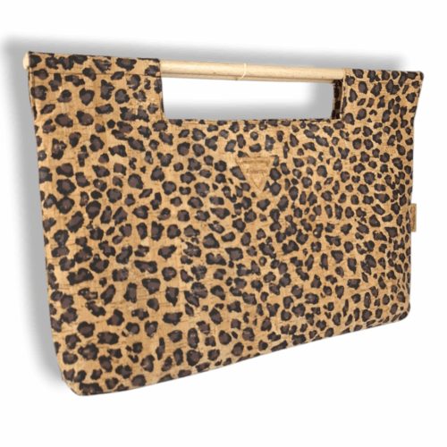 ΑΜΟΡΓΟΣ Χειροποίητη τσάντα χειρός από φελλό leopard με ξύλινη λαβή - Anifantou