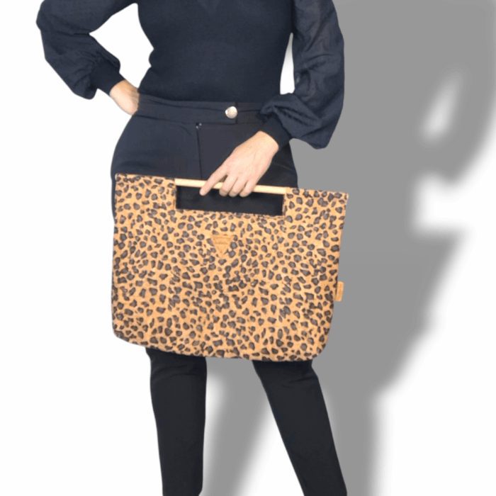ΑΜΟΡΓΟΣ Χειροποίητη τσάντα χειρός από φελλό leopard με ξύλινη λαβή - Anifantou