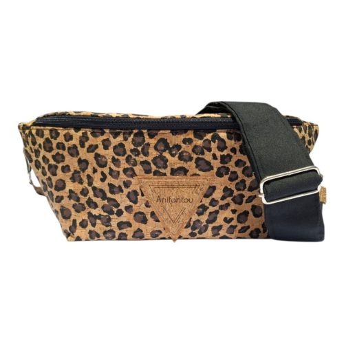 Χειροποίητη γυναικεία τσάντα μπανάννα crossbody Ψέριμος από φελλό leopard με μαύρο βαμβακερό ιμάντα Ανυφαντού