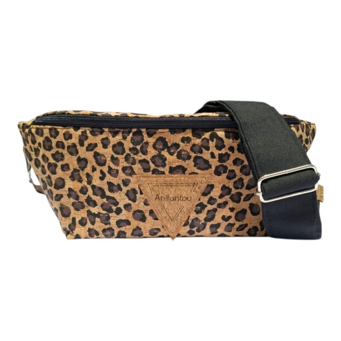 Χειροποίητη γυναικεία τσάντα μπανάννα crossbody Ψέριμος από φελλό leopard με μαύρο βαμβακερό ιμάντα Ανυφαντού
